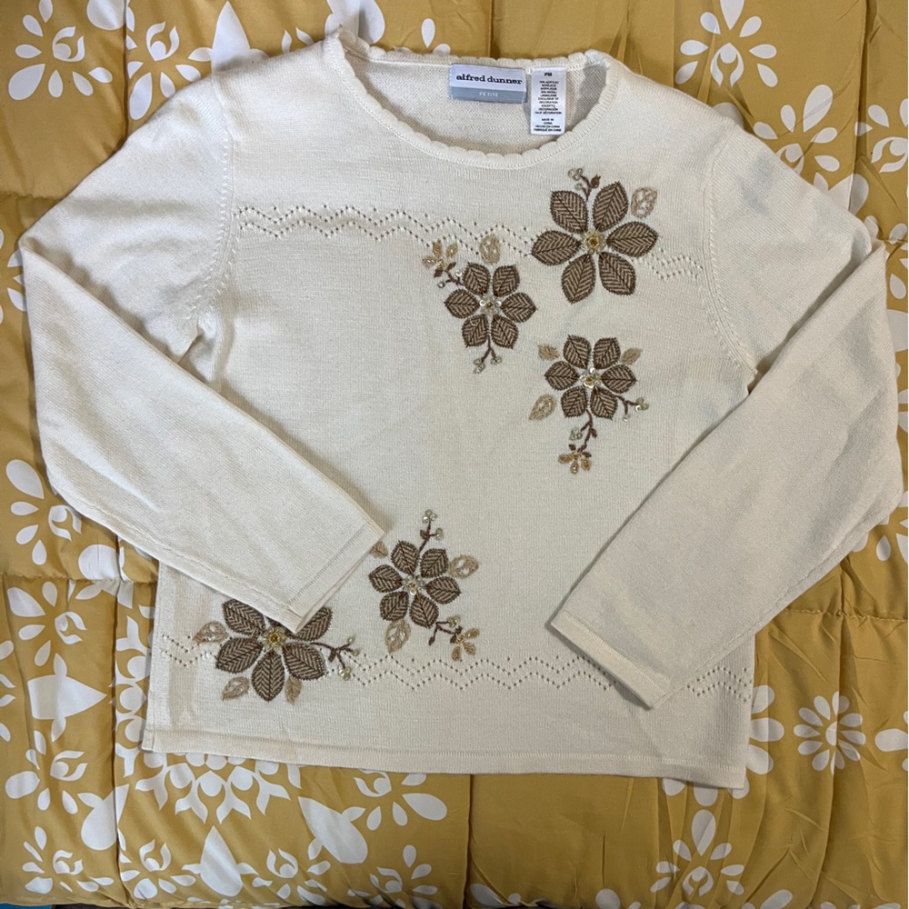 Alfred Dunner Cream Sweater with Brown Floral Design
